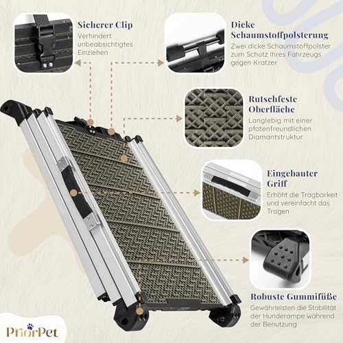 Hunderampe Auto Klappbar - Stabile und rutschfeste Hundeleiter Auto & SUV bis zu 90kg Belastbar - Teleskop Alu Rampe für große Hunde - Reflektierende Seiten - Hundetreppe - Befestigungsclip - Grau