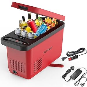 Karinear Car Fridge Red，12v Camping Fridge，16L Compressor Fridge Portable Plug-in Electric Cooler Box for Camping,Truck, RV, Boat, Picnic, Outdoor Travel/ -18℃-10℃
