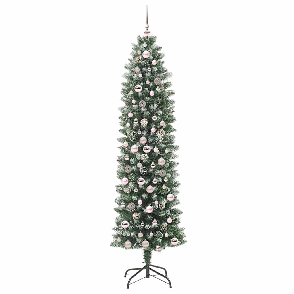 Árbol de Navidad artificial estrecho de 210 cm, verde y blanco, con 450 puntas de PVC, 300 ledes blancos cálidos y 8 modos, ideal para interiores, decoración festiva