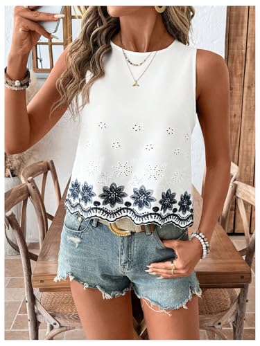 SweatyRocks Women's Sleeveless Boho Eyelet Tank Top Crew Neck Floral Embroidery Casual Summer Tops3