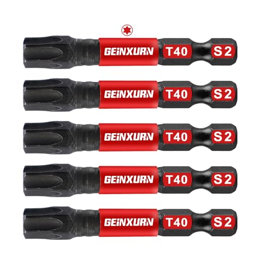 Geinxurn 5 Pieces T40 2 In. Impact Tough Magnetic Insert Bit Set #40 Torx Head Power Bits S2 Alloy Steel Star T40 Screwdriver Bits Set