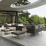 Vakollia 11 Piece Modern Outdoor Rope Wicker Sectional Patio L-Shaped Conversation Sofa Set Deep Seating with Fire Pit Table