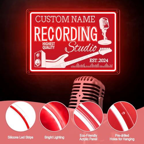 Image of Custom Recording Neon Sign, Personalized Guitar & Microphone Name LED Sign, Customized Gifts for Musicians Audiophiles Enthusiasts, Dimmable Large Neon Light Up Music Signs, Music Studio Room Decorations