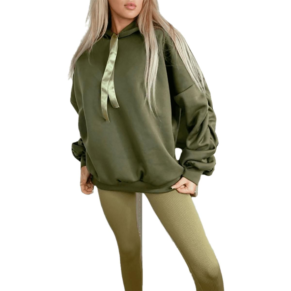 Fairy Trendz Women's Khaki Ruched Sleeve Pullover Hoodie Ribbon Oversized Hooded Sweatshirt Casual Jumper Top