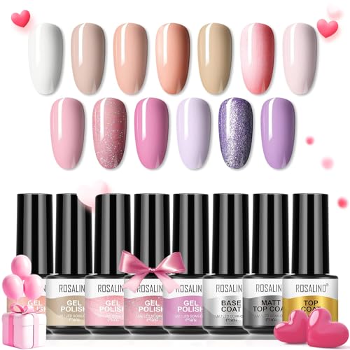 ROSALIND Esmalte Semipermanente de Uñas en Gel UV LED,13 pcs de Pintauñas Semipermanentes Rosa Desnudo Mini y Base Top Matte Gel Kit 16 Pcs