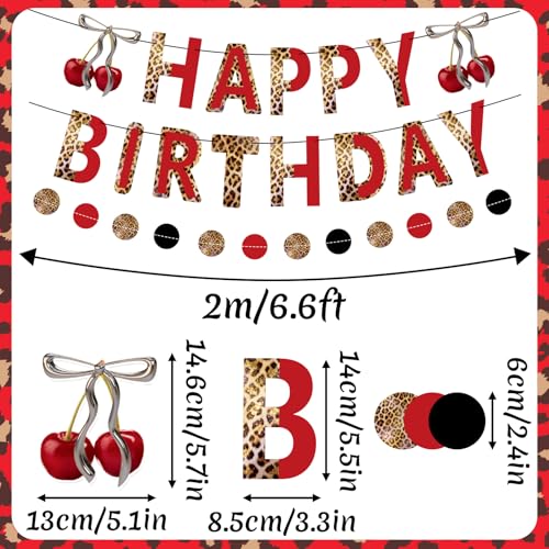 Image of Cheetah Birthday Party Decorations Cherry Print Paper Fans Tissue Pom Pom Cherry Honeycomb Animal Print Birthday Banner Hanging Swirls Red Black Animal Print Party Decoration for Women Girls Birthday