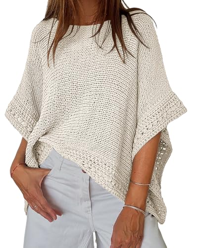 CHICME Women's Knit Tops 2025 3/4 Batwing Sleeve Tops for Women Hollow-Out Pattern Edges Crochet Top Casual Pullover Sweaters