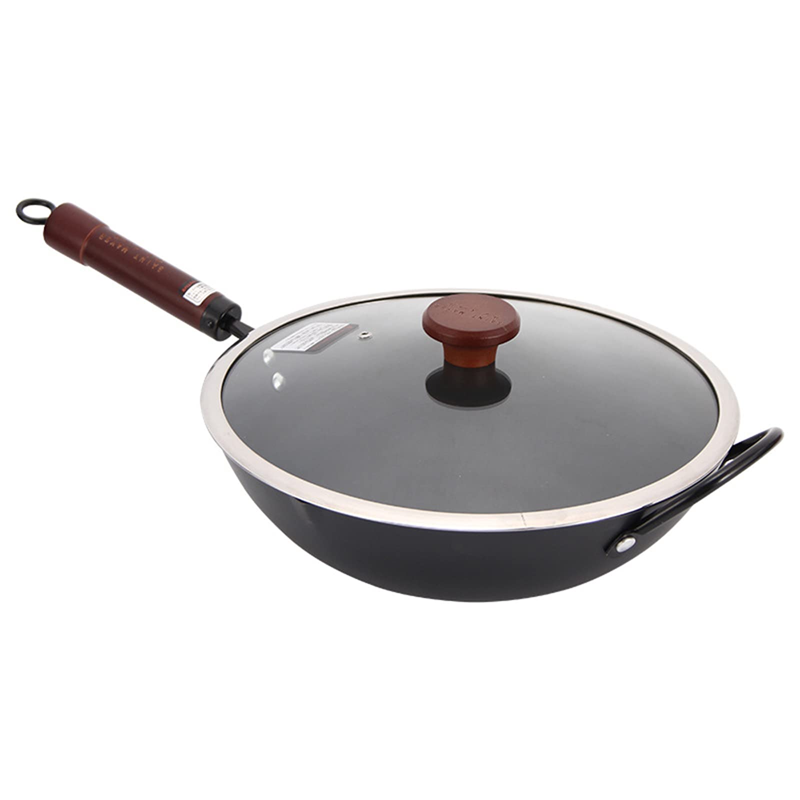 Sartén Wok De Hierro Antiadherente con Mango De Madera Desmontable Y Tapa De Vidrio para Cocinas Eléctricas, De Inducción Y De Gas.