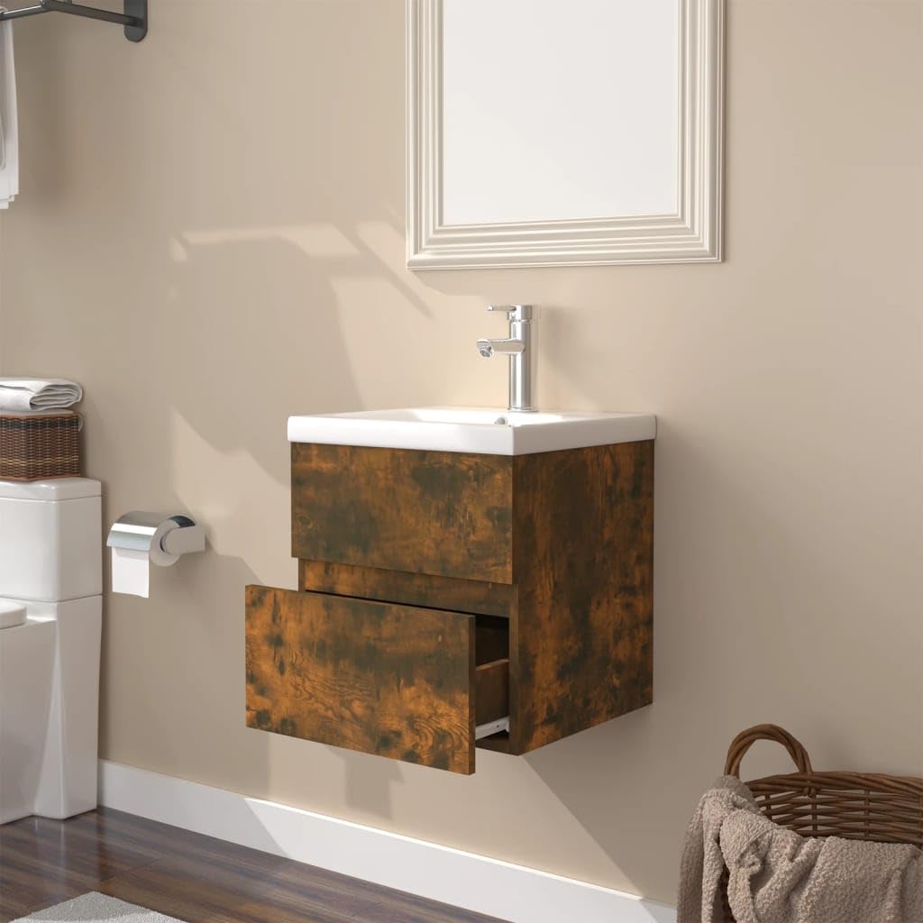 Armario de lavabo con lavabo empotrado, roble ahumado, cajón de almacenamiento de pared, rebosadero, muebles de baño