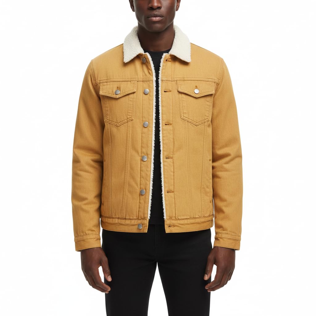 Men's Sherpa Fleece Lined Thicken Denim Jacket, Men Lapel Winter Warm Jean Jacket, Slim Fit Trucker Cowboy Denim Coat