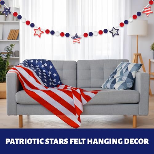 Image of 4th of July Garland with Felt Balls Stars 8.2 FT, Red White and Blue American Flag Colors Beaded Decor, Rustic Patriotic Decor for Shelf Display, Fireplace, Wall (Star)