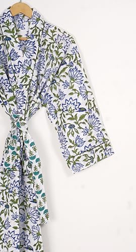 Image of Generic Cotton Hand Block Print Kimono Robes for Women, Long Length Floral Print Nightgown, Bikani cover- up cotton kimono (Cotton, White,Blue, Green)