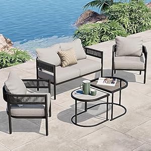 Grand patio 5-Piece Outdoor Conversation Set, Woven Wicker, Steel Frame, with Olefin Cushions and Nested Table, Patio Furniture for Backyard, Beige
