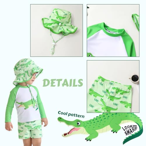 Toddler Baby Boy Swimwear Long Sleeve Rashguard Swimsuit with Sun Hat Cartoon Animal Bathing Suit3