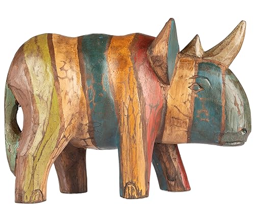 Rhinocéros en bois sculpté et peint à la main dans un style rustique