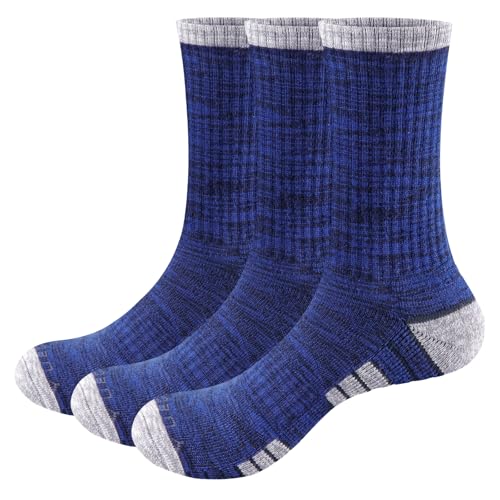 YUEDGE Mens Navy Blue Cotton Cushioned Walking Sports Socks Moisture Wicking Athletic Crew Sock Breathable Anti-Odor Work Socks Thick Casual Mens Sock For Men 9-11, 3 Pairs