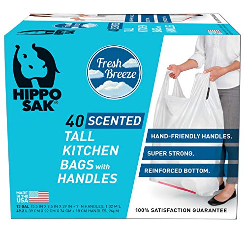 Hippo Sak Scented Handle Trash Bag, 13 gallon Tall Kitchen, Fresh Breeze Scent â€¦ (40 Count)