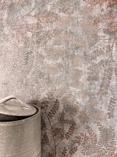 NEWROOM Papel pintado Gris Ramas Tejido no Tejido - Moderno Oro Rosa Hojas Ligeramente brillante Floral