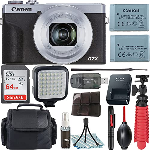 Camera Bundle for Canon PowerShot G7 X Mark III Digital Camera Silver with Wi-Fi and Bluetooth + Accessories Kit (64GB, Flexible Tripod, LED Light, and More)