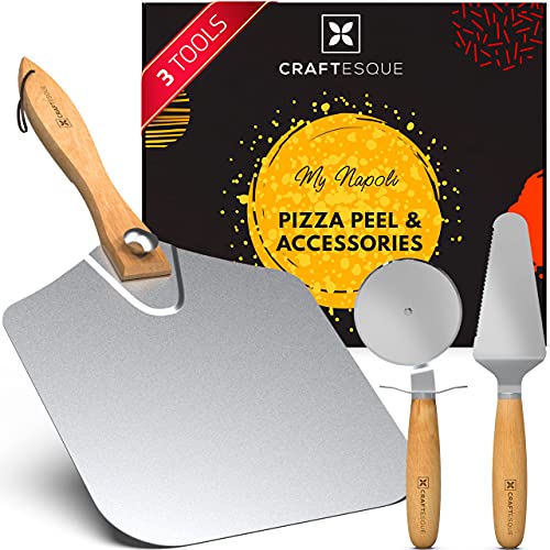 CRAFTESQUE Pizza Peel Set - Aluminum Pizza Paddle 12 inch x 14 inch with Long Folding Handle + Stainless Steel Pizza Cutter & Pizza Server | Pizza Shovel | Pizza Spatula | Pizza Tools
