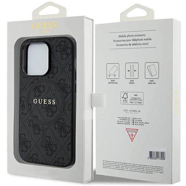 GUESS GUHMP15LG4GFRK Custodia per iPhone 15 PRO 6,1 Pollici Custodia Rigida Nera Collezione 4G Pelle Logo in Metallo