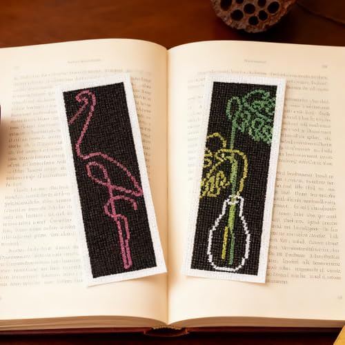 Image of INFUNLY 6pcs Simple Animals Cross Stitch Bookmark Kit for Beginners DIY Abstract Plants Embroidery Bookmark Kits Rabbit Needlepoint Kit with Instruction Easy Cross Stitch Set for Book Lovers Readers