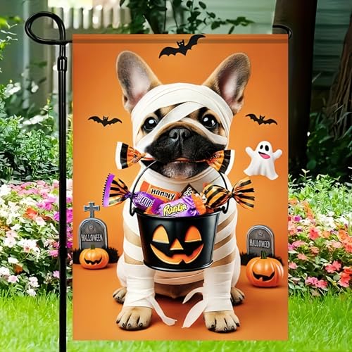 Image of Halloween Decorations Outdoor Garden Flag 12x18 Inch Double Sided French Bulldog Dog Pumpkin Ghost Fall Decor Yard Lawn Porch Patio Halloween Garden Flags
