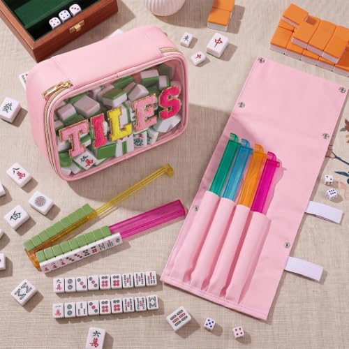 Patelai Pink Mahjong Tile Bags Set Mahjong Rack Storage Bag Roll up Canvas Sleeve Organizer Fit 4 Racks and Pushers Waterproof Zippered Storage Tile Holder for Game Lover Gift Travel Case Only - Image 7