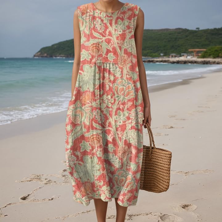 Women Boho Print Linen Tank Sun Dress Summer Casual Sleeveless A Line Beach Vacation Maxi Dress with Pocket - Image 2