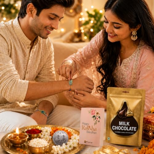 Image of Frostick Rakhi Gift Set for Brother with Kisses Chocolate Includes Set of 2 Premium Rakhis Card and Tikka Ideal Raksha Bandhan Combo for Bhaiya Boys, Kids and Men
