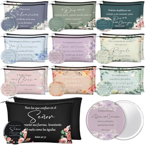 Abbylike 40 Pcs Christian Gift for Women Include 20 Bible Verse Makeup Bags 20 Christian Compact Mirrors Inspirational Religious Scripture Gift for Mom Sister Birthday Christmas (Floral Style)