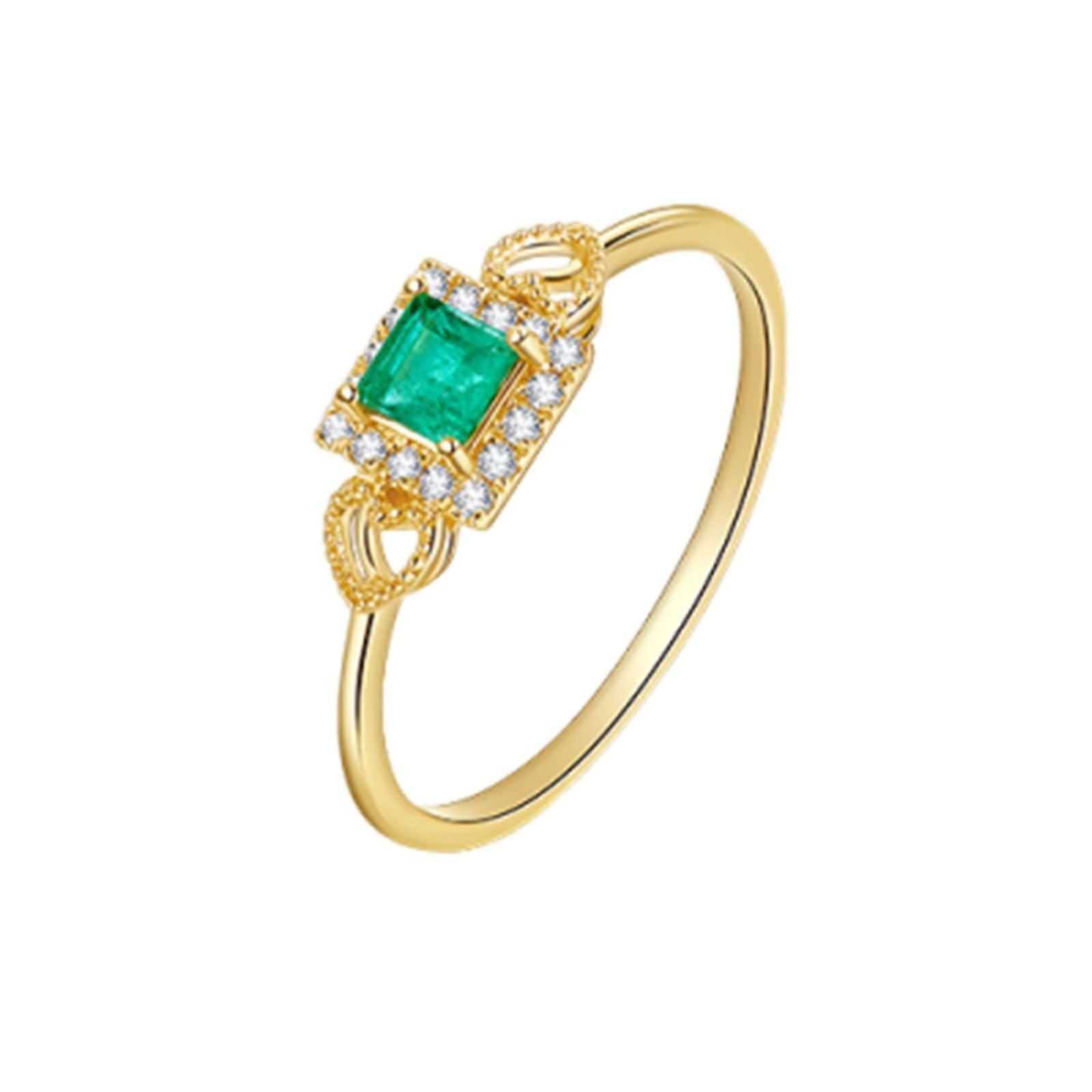 Anillo Compromiso Oro de 9 Kilates / 14 Kilates / 18 Kilates para Mujer, Corazón Hueco y Cuadrado con Esmeralda y Diamante, Anillos de Oro Verde Alianzas Mujer