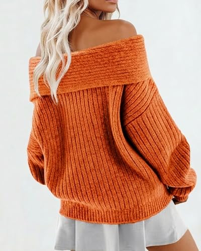 Image of Womens Off The Shoulder Sweater Fall Knitted Pullover Tops | Oversized Long Sleeve Loose Ribbed Knit Clothes, Sexy Elegant Going Out Tops, Cute Baggy Winter Outfits