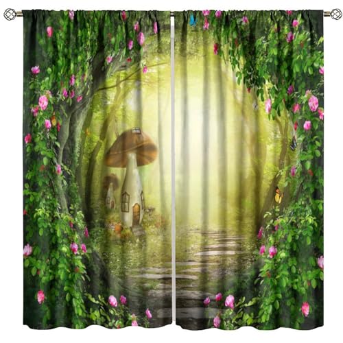 Djaby Enchanted Woodland Curtain, Fantasy Fairy Tale Butterfly Tree Mushroom