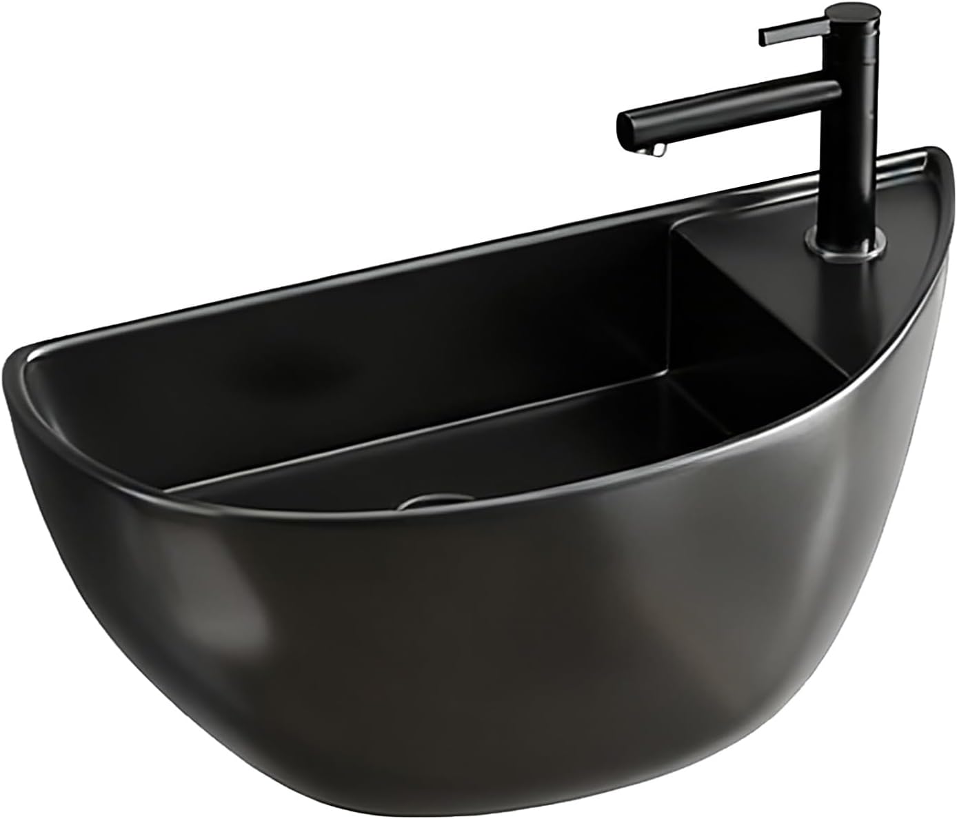 Modern Small Corner Wall Mount Bathroom Sink With Faucet & Pop-Up Drain Space-Saving Ceramic Mini Vessel Sink For Rv Tiny Washroom Compact White Design (Black)