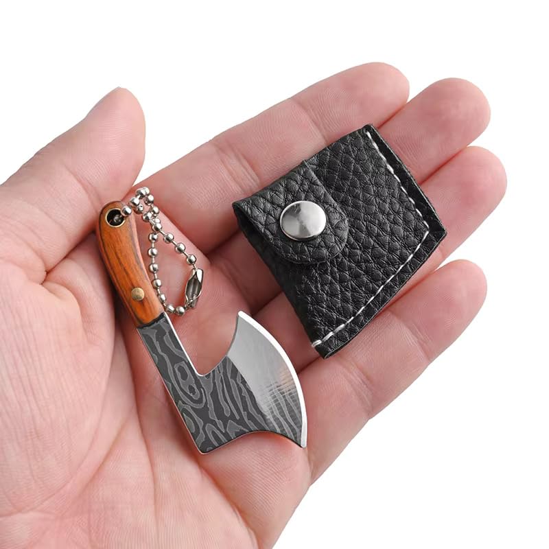 Image of Mini Knife Keychain, Real Damascus Style Tiny Chef Knives with Wooden Handle, Pocket Cleaver, EDC Miniature Weapon Keychains for Gifting, Decoration & Collectors