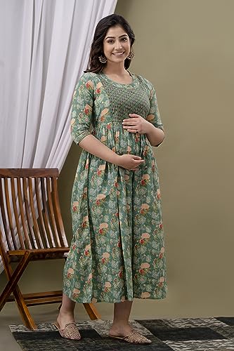 Image of Maternity Feeding Kurti for Women | Cotton Blend Anarkali Dress with Nursing Zip for Pre & Post Pregnancy