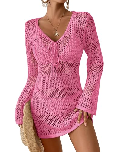 Image of Bsubseach Women Swimsuit Crochet Coverup Long Sleeve V Neck Beach Dress
