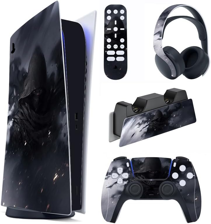 PlayVital Sticker Skin for PS5 Console Digital Edition, Controller, Remote Controller, Headphones, Charging Base, Vinyl Sticker Cover, Murder in the Shadow