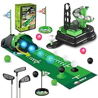 TERRAMUS Juego de Golf Infantil Mejorado, 3 en 1 con Lanzador automático de Pelotas de Dinosaurio y Pelotas con luz LED, minigolf para niños de 3 a 8 años