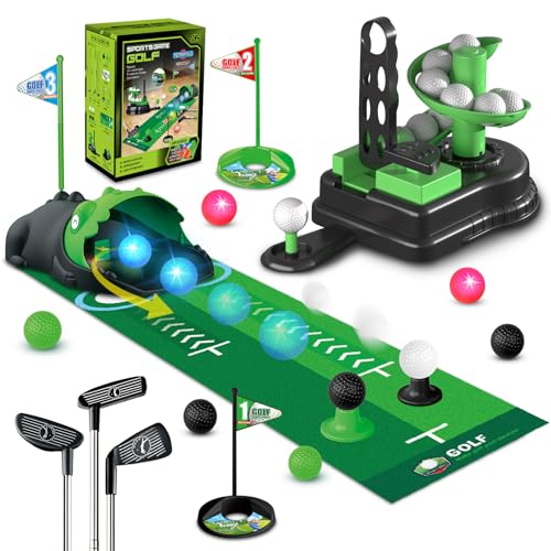 TERRAMUS 3-in-1 Golfset, Golfspielzeug mit Dinosaurier Ballrücklauf & Ballwerfer, LED Leuchtbällen, Spielzeug für drinnen & draußen, geeignet für Jungen Mädchen von 3-8 Jahren, Geschenkidee für Kinder