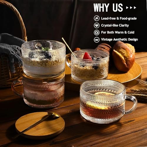 Image of PrimeWorld 2 Pcs 420 Ml Vintage Coffee Mugs,Overnight Oats Containers With Handle,Bamboo Lids And Spoons-Embossed Glass Cups For Cappuccino,Latte,Cereal,Yogurt,Hot Or Cold Beverages,Transparent