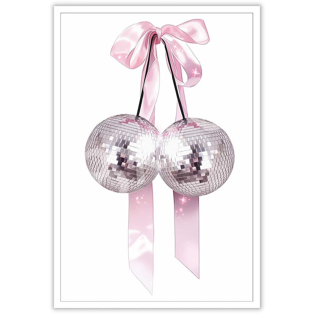 Trendy Pink Bow Disco Ball Posters White Cherry Canvas Wall Art Funky Coquette Bow Ribbon Preppy Aesthetic Prints Painting For Girls Bedroom Dorm Bar