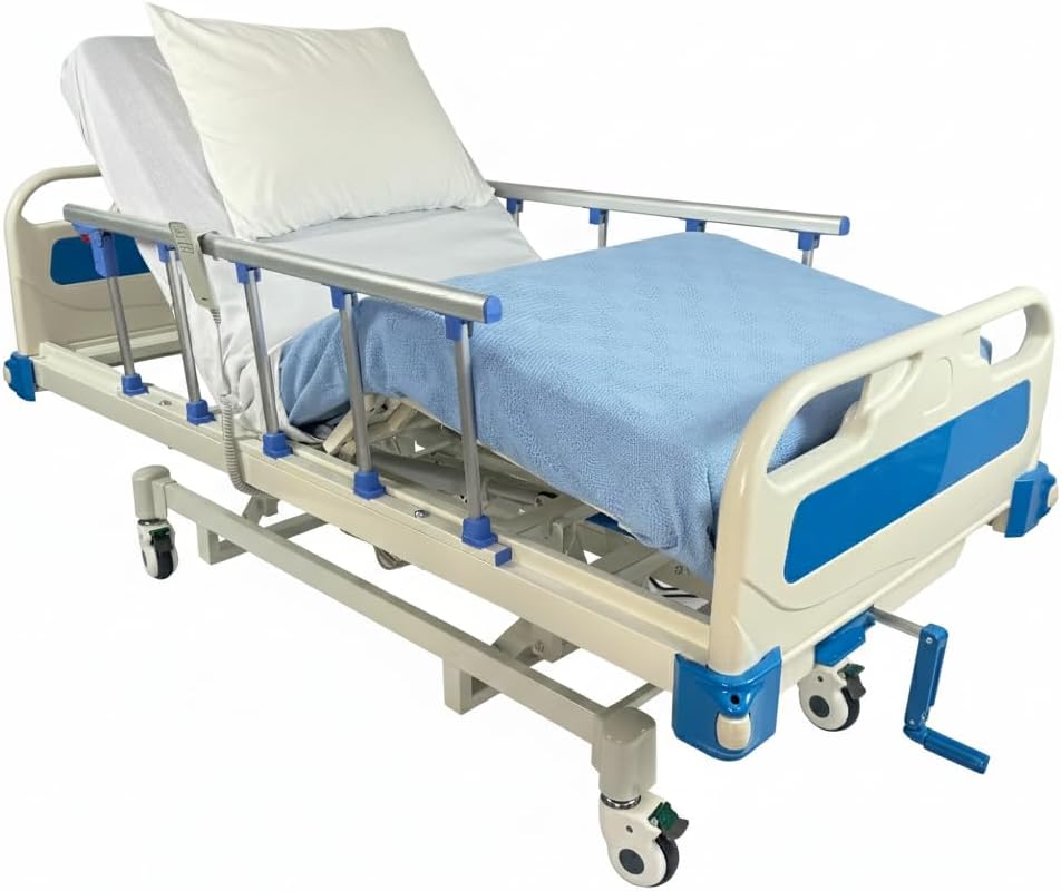 GloryMEQ Point A Tech PAM‑3SE Semi‑Electric Hospital Bed – 3‑Function Adjustable Home‑Care Bed with Bedside Controls, Locking Casters & Safety Rails, Includes Foam Mattress, Bed Tray & 2 Sheets