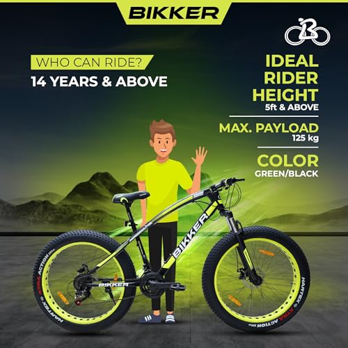 Image of Fat Tyre Cycle For Men With Dual Disc Brake, Front Steel Suspension, Multi Speed Unisex Cycle (12+ Years) I Frame Size: 18 inch inch| 85% Assembled Easy Self-Assembly (Black-Green), Road Bike