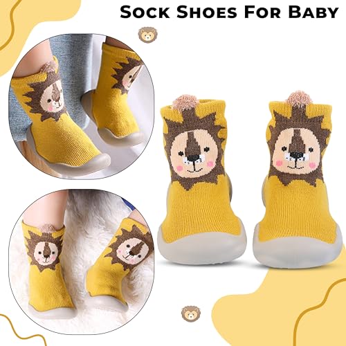 Image of BEMBIKA Baby Sock Shoes - Soft, Stretchy, Cotton Baby Sock Shoes for Infants - Baby Booties with Socks for Children, Ideal Kids Walking Sneakers Floor Socks for Indoor Use-(Turmeric Lion Size 18-19)