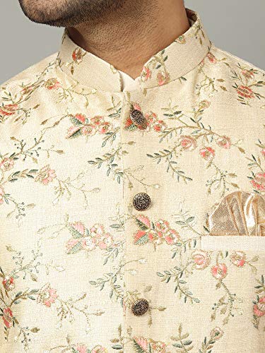 Image of Uri and MacKenzie Men's Silk Blend Regular Kurta Churidar Pyjama with Bundi Nehru Jacket /Waistcoat