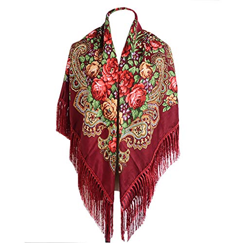 Gudessly, Bufanda tradicional para mujer, con borlas y flecos, chal retro con estampado floral, poncho con cuello y cabeza, Rojo vino, Talla única