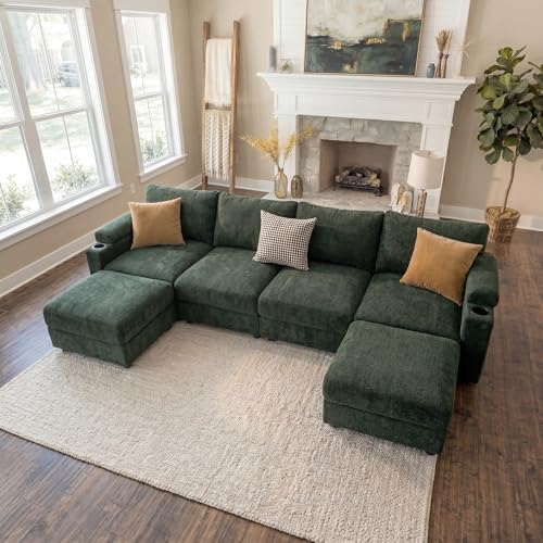 Image of Sectional Couches for Living Room FSC Certified Chenille Modular Couch Oversized Cloud U Shaped Convertible Sleeper Sofa Chaise Detachable Armrest Cushion (Chenille Green, U Shape 6 Seat)