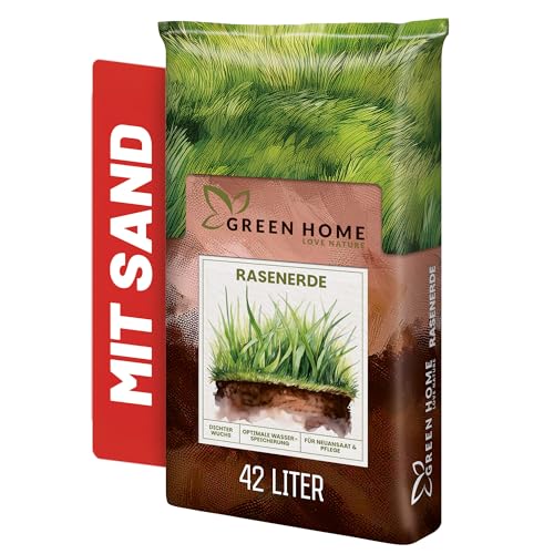 Green Home Rasenerde 42 Liter Sack – Spezialerde zur Rasen-Neuanlage, Nachsaat und Regeneration, mit Startdünger und Sand. Gebrauchsfertige, feinkrümelige Erde für Rasenflächen und Kahlstellen